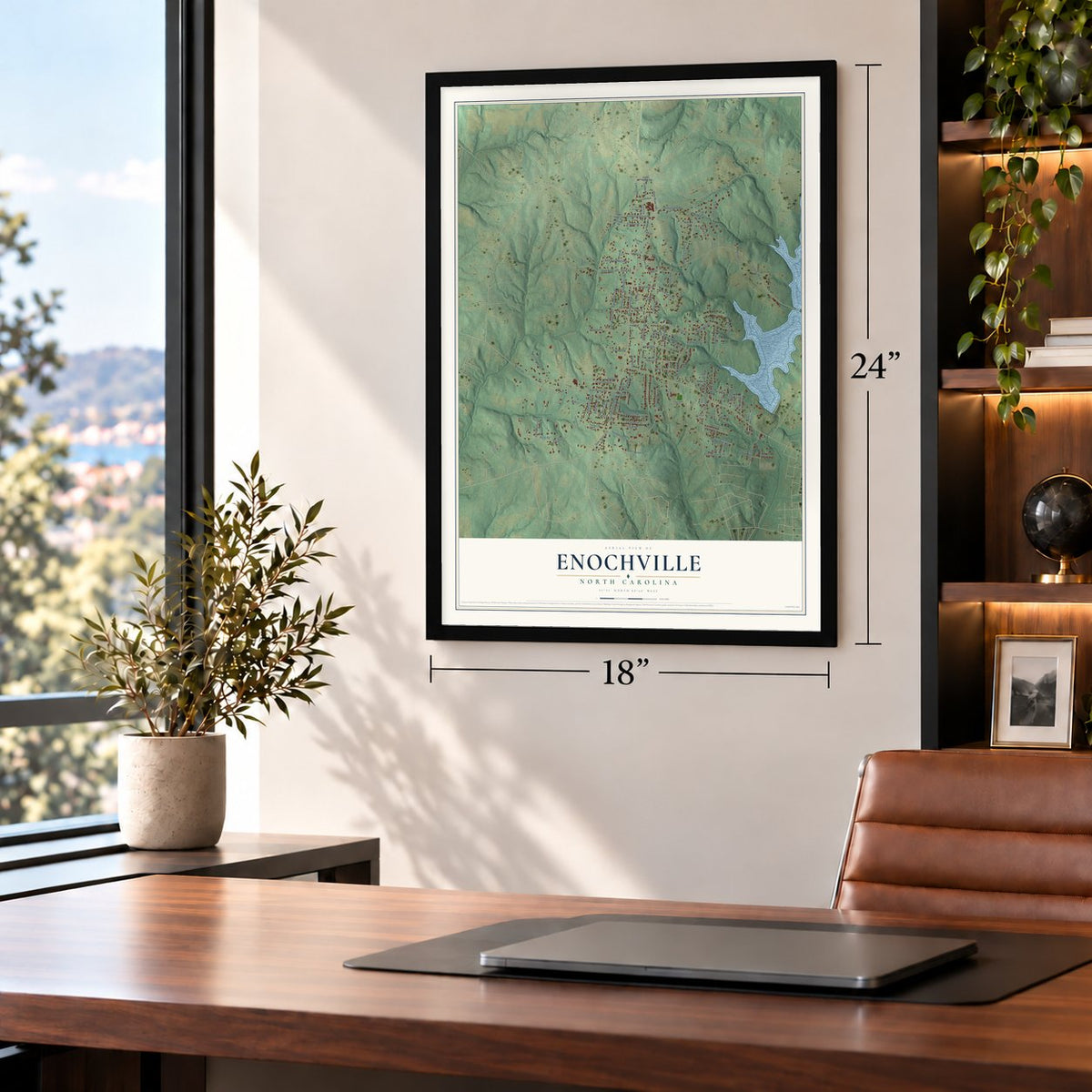 Enochville, North Carolina map, 18 x 24 inch print in a black frame in a home office