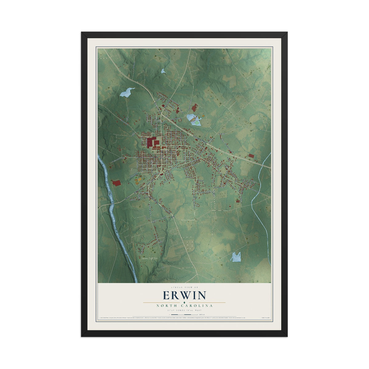 Map of Erwin, North Carolina, 12 x 18 inch print in a black wood frame