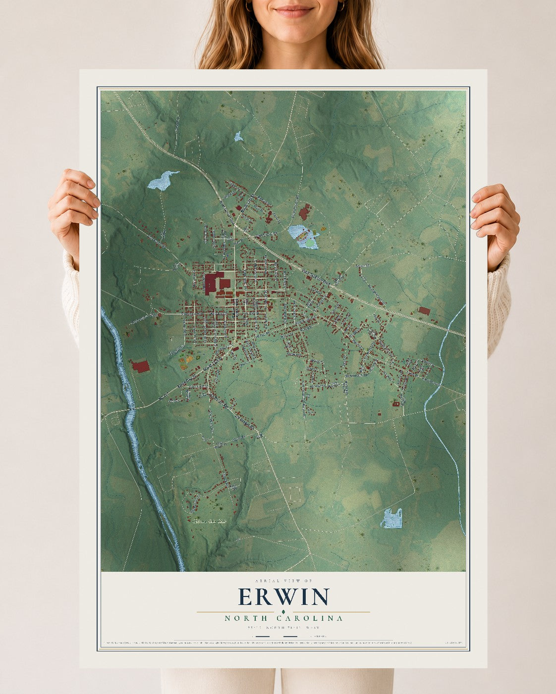 Map of Erwin, North Carolina, 24 x 36 inch unframed archival matte print