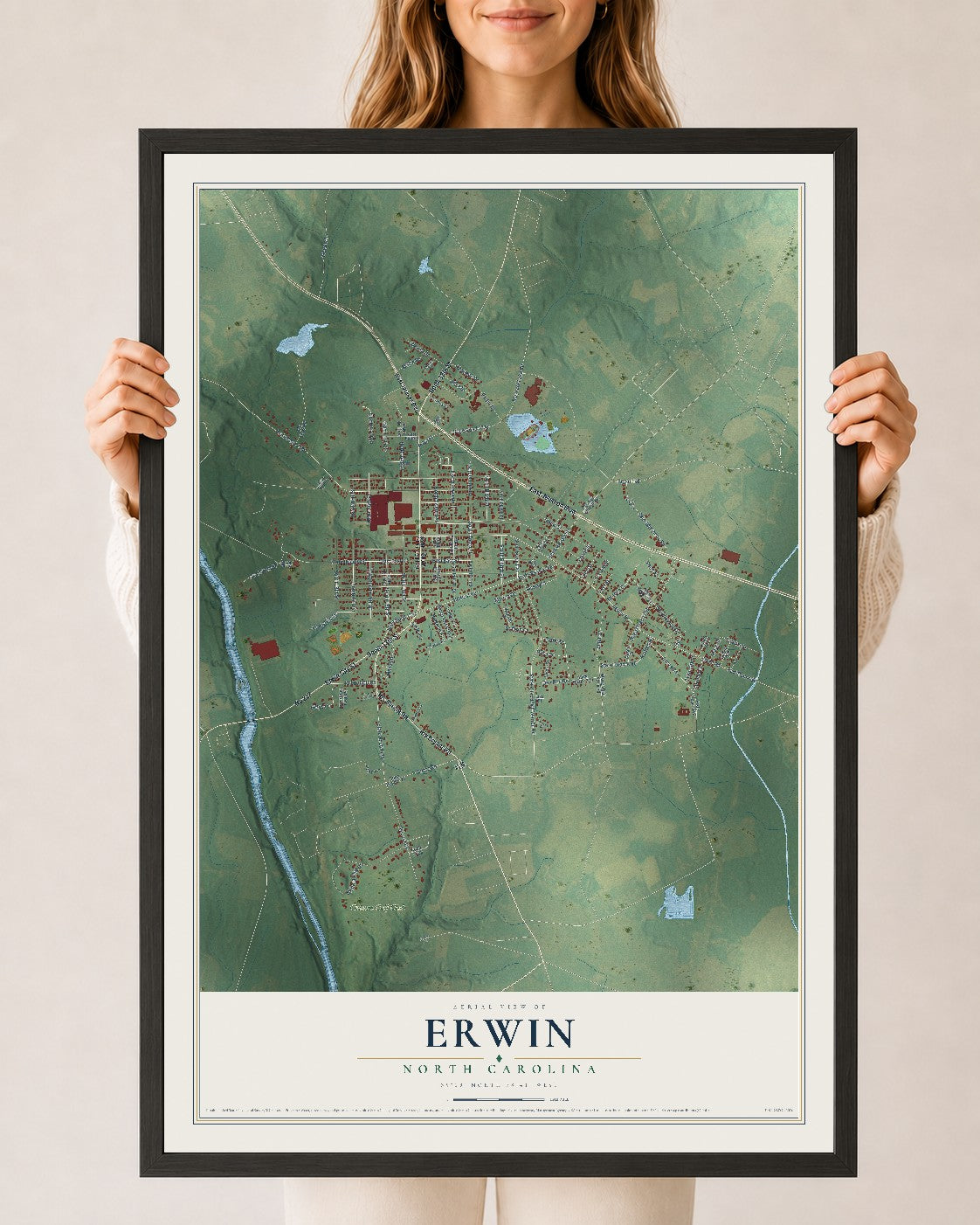 Map of Erwin, North Carolina, 24 x 36 inch print in a black wood frame