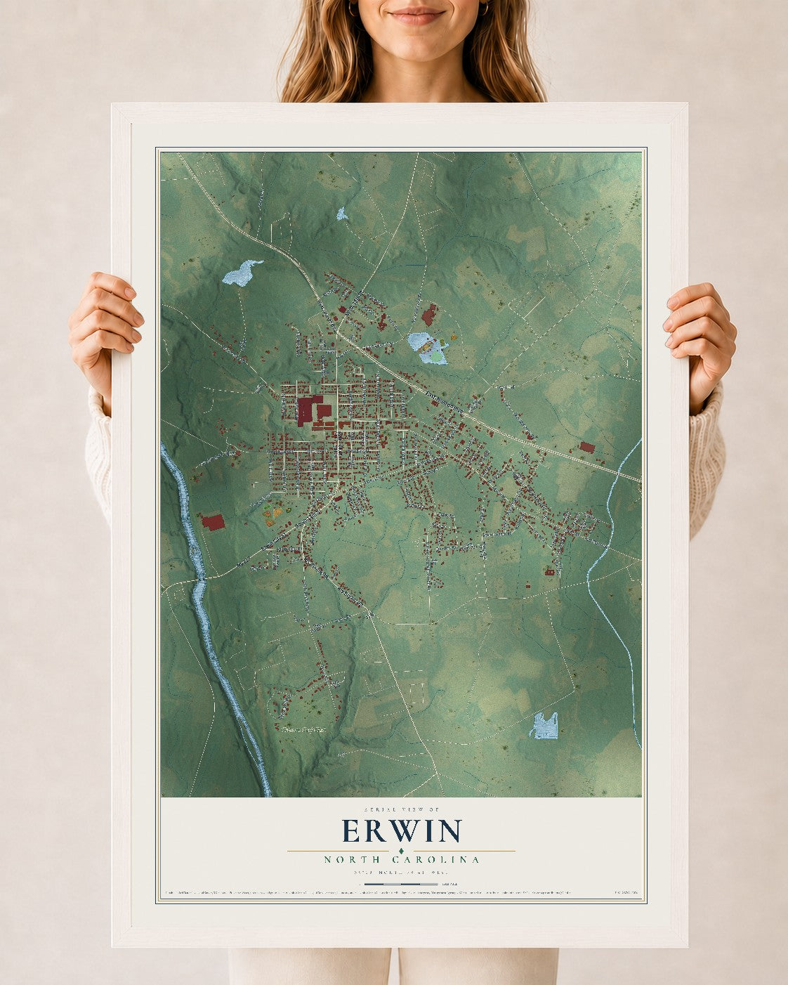 Map of Erwin, North Carolina, 24 x 36 inch print in a white wood frame