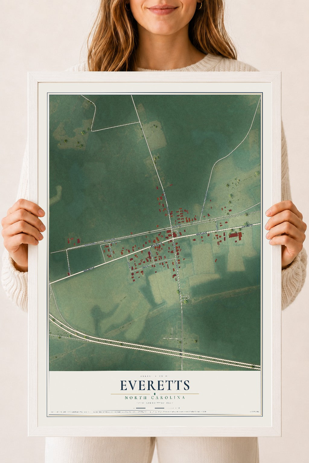 Map of Everetts, North Carolina, 18 x 24 inch print in a white wood frame