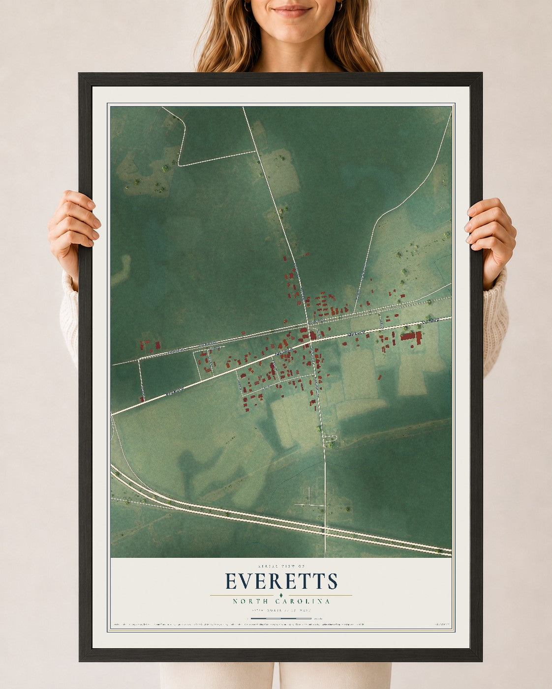 Map of Everetts, North Carolina, 24 x 36 inch print in a black wood frame