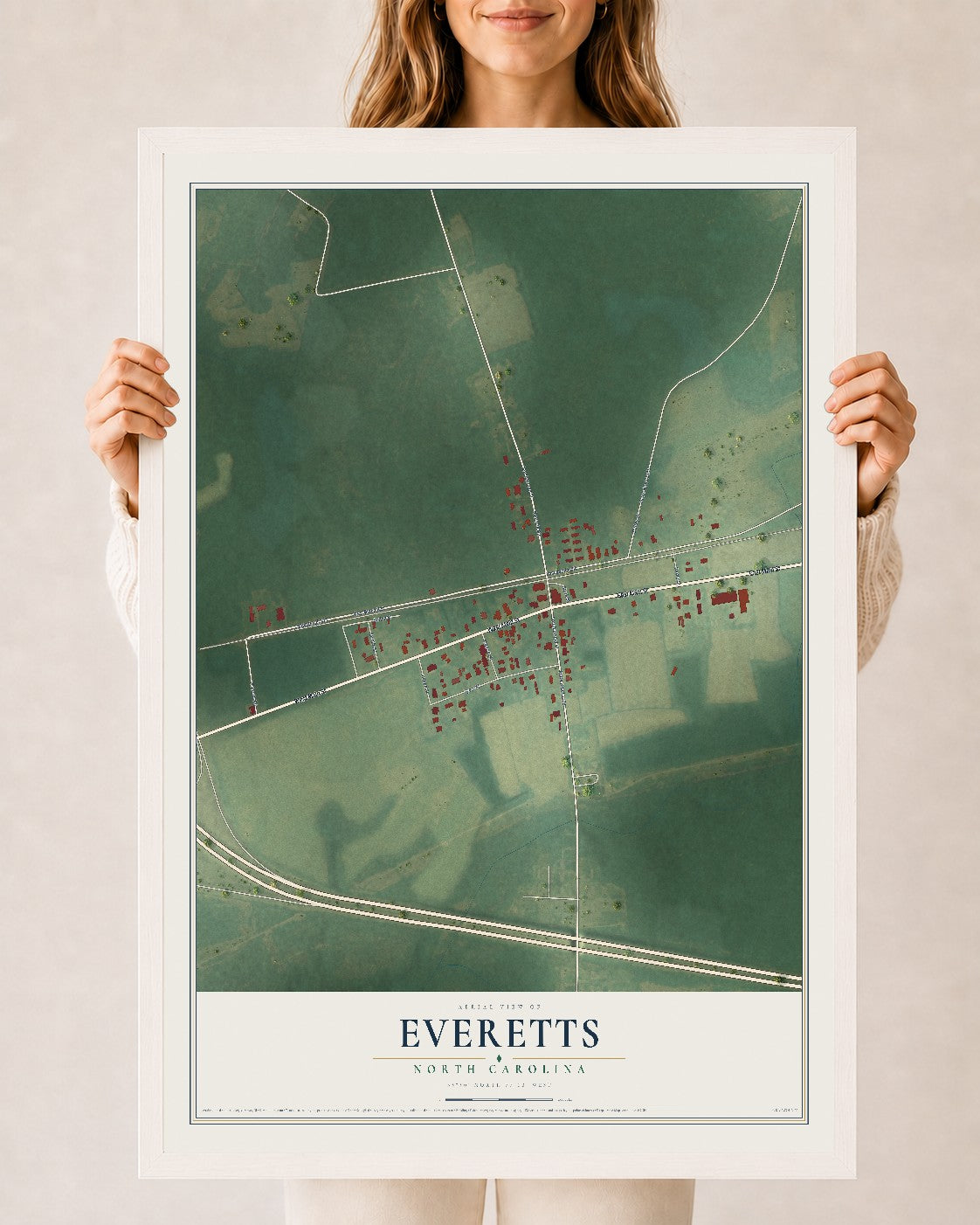 Map of Everetts, North Carolina, 24 x 36 inch print in a white wood frame