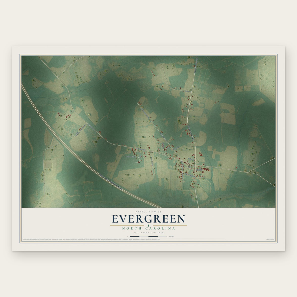 Evergreen, North Carolina map print, the full design