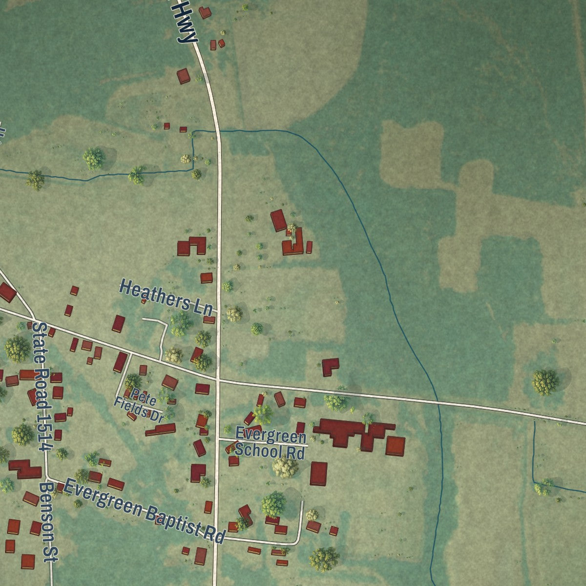 Close-up of the map of Evergreen, North Carolina print showing street and building detail