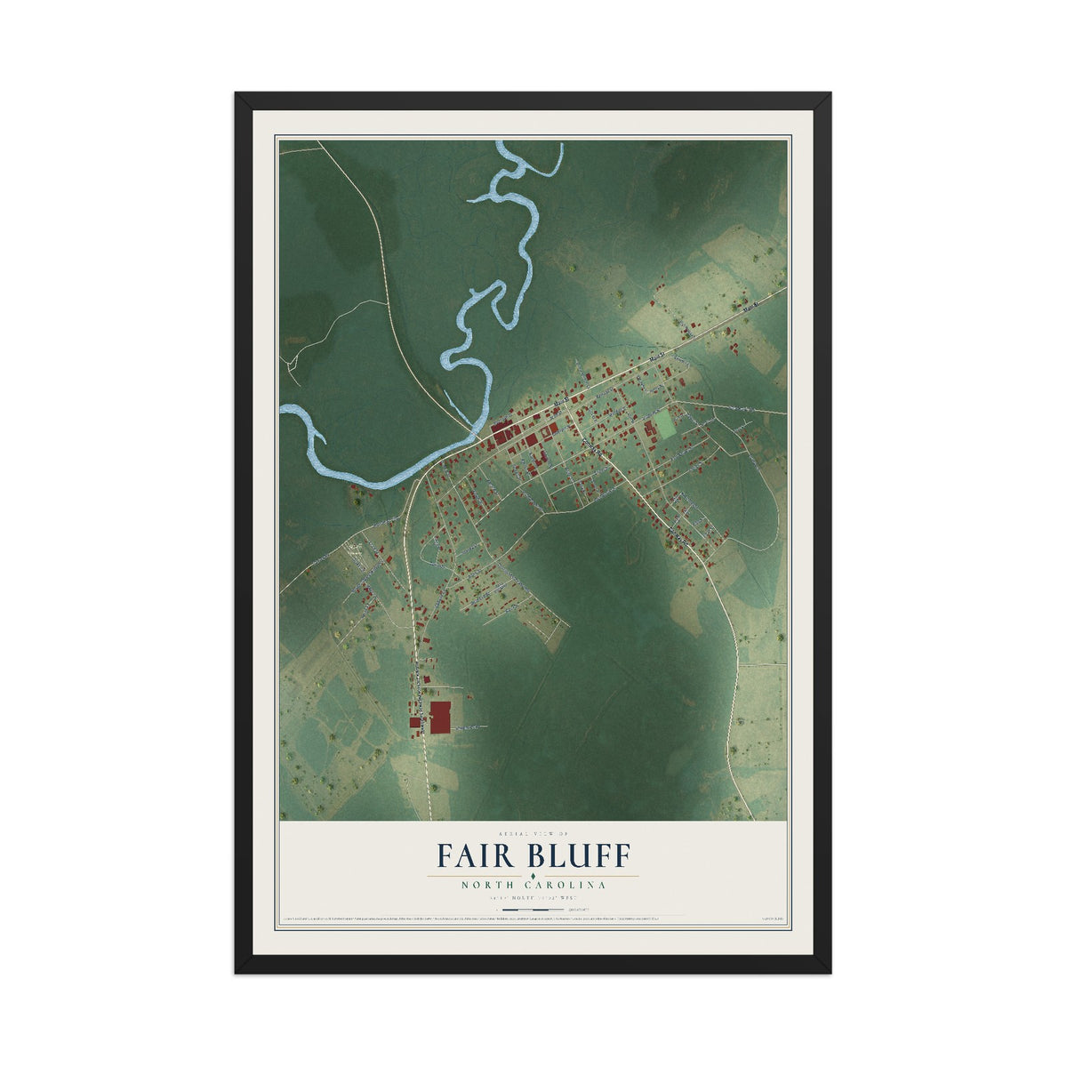 Map of Fair Bluff, North Carolina, 12 x 18 inch print in a black wood frame