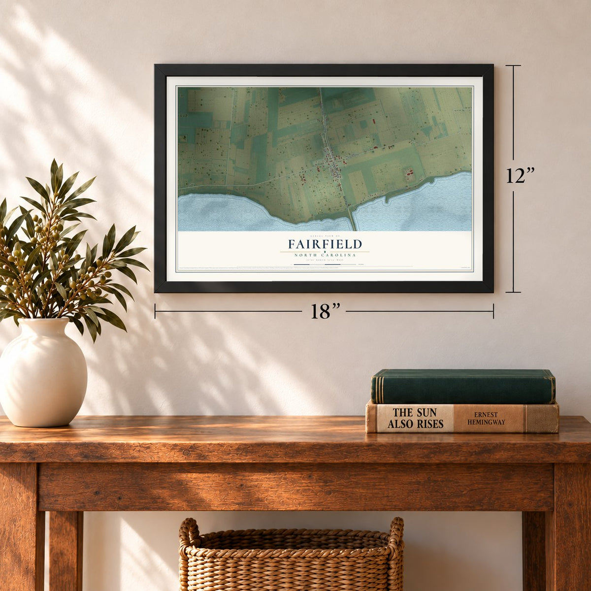 Fairfield, North Carolina map, 12 x 18 inch print in a black frame in an entryway