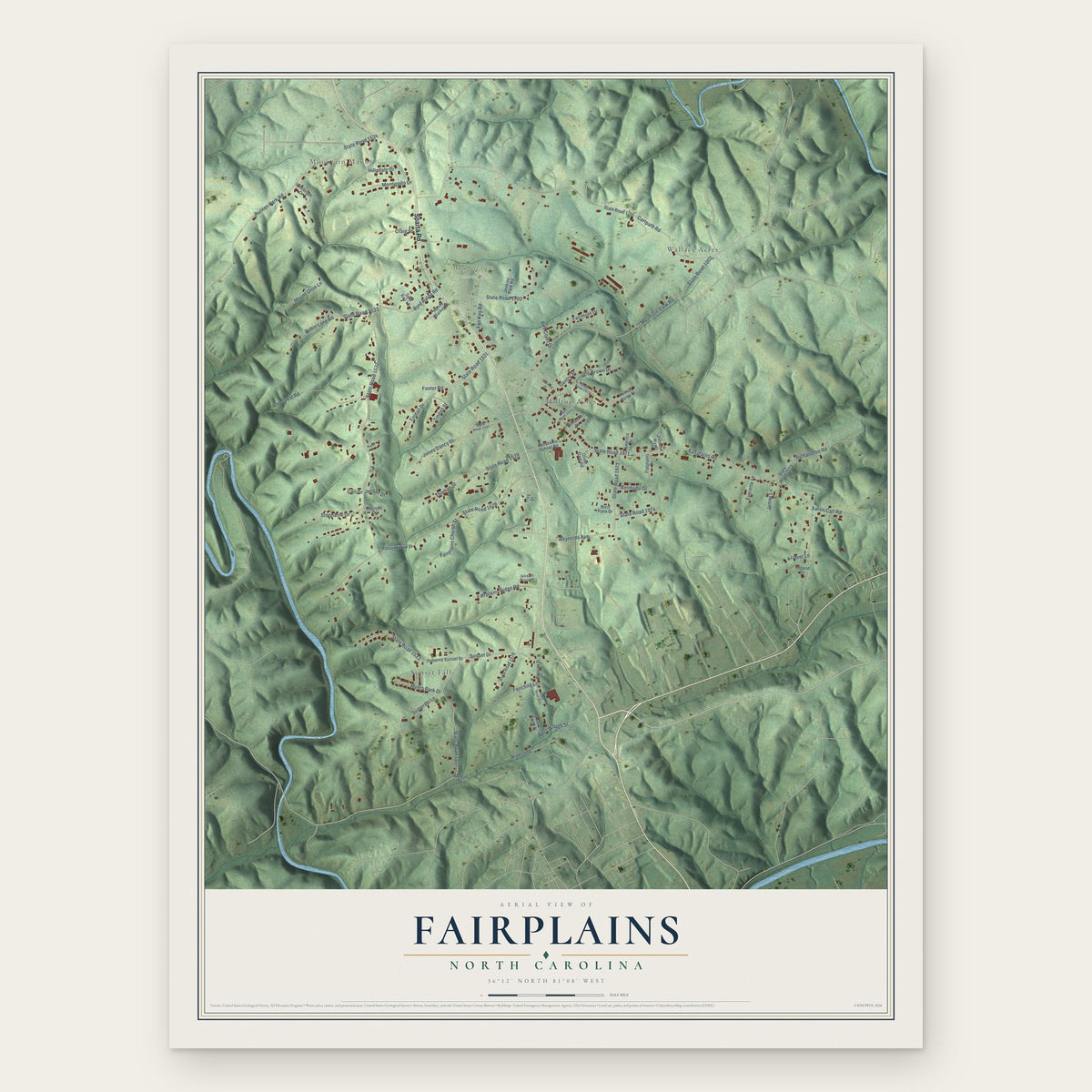 Fairplains, North Carolina map print, the full design