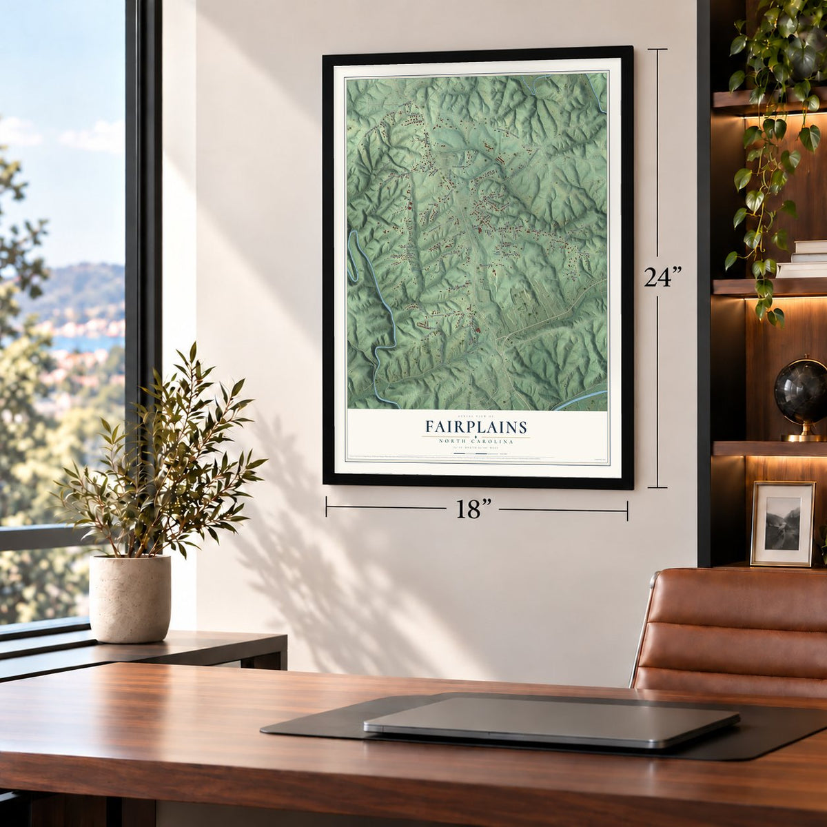 Fairplains, North Carolina map, 18 x 24 inch print in a black frame in a home office