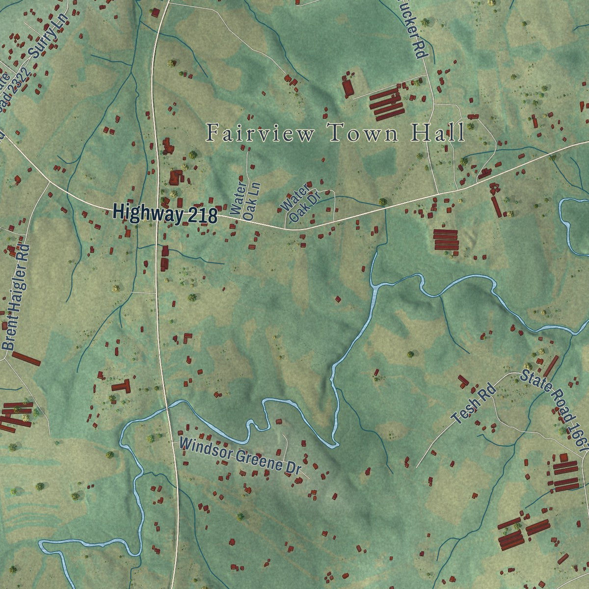 Close-up of the map of Fairview, North Carolina print showing street and building detail