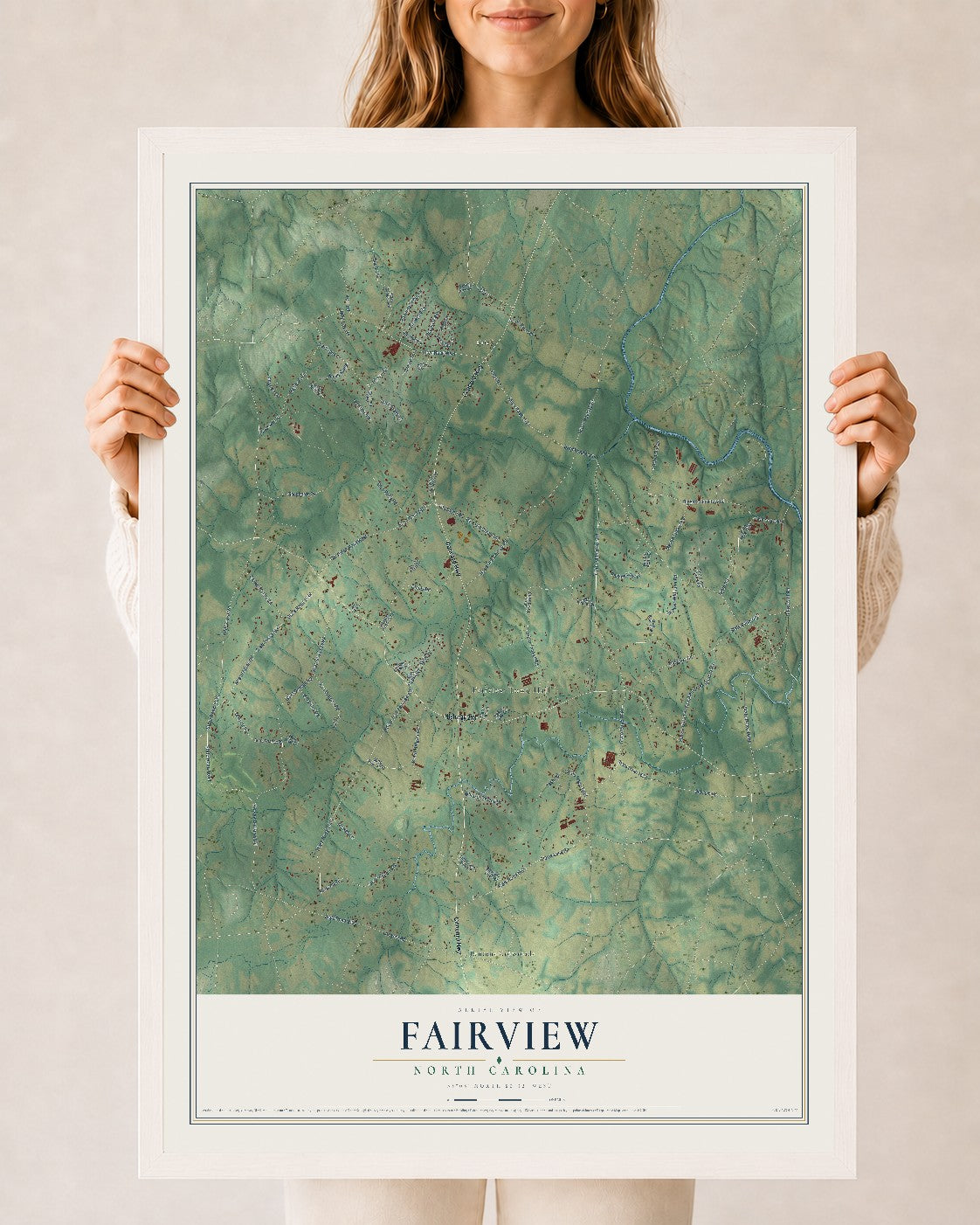 Map of Fairview, North Carolina, 24 x 36 inch print in a white wood frame