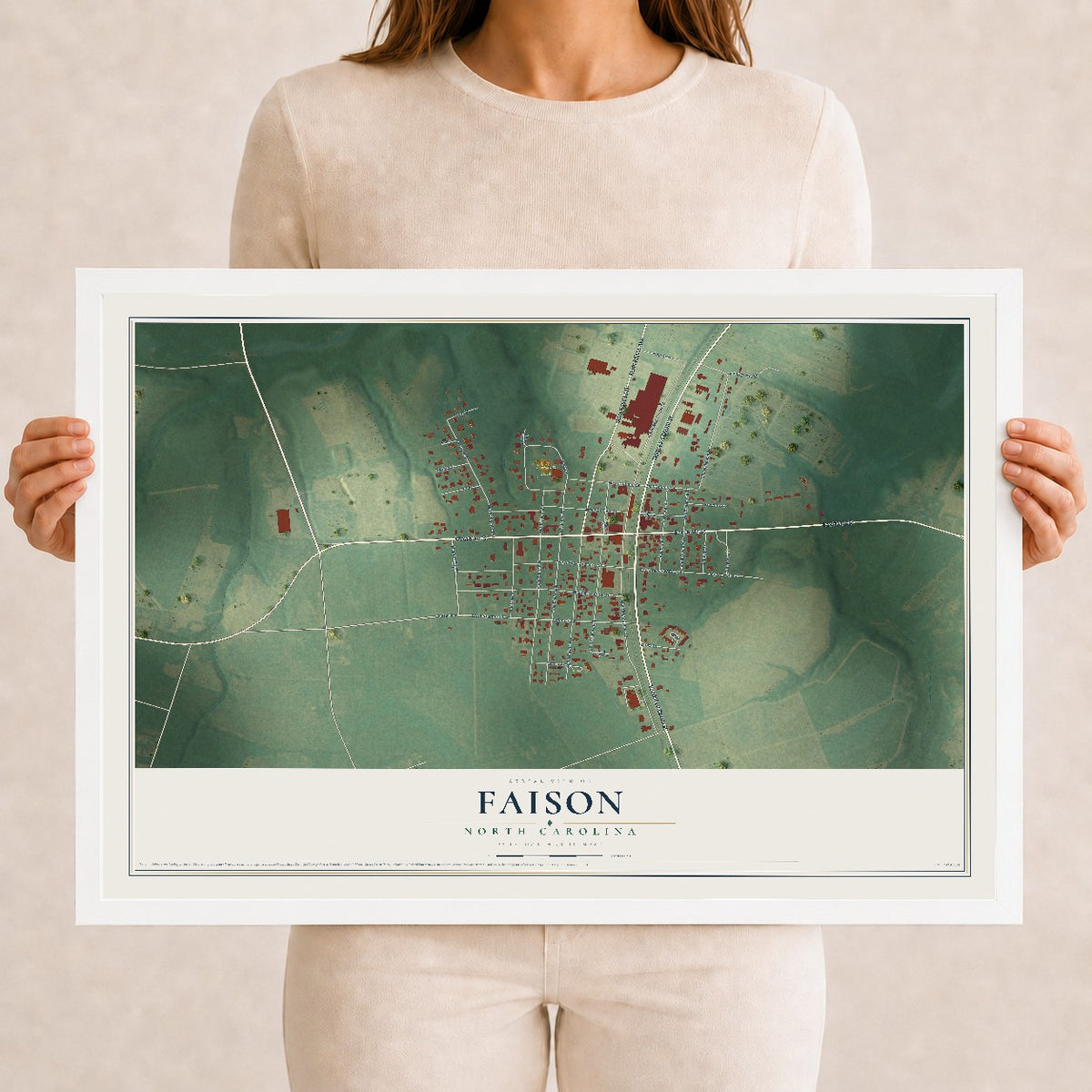 Map of Faison, North Carolina, 12 x 18 inch print in a white wood frame