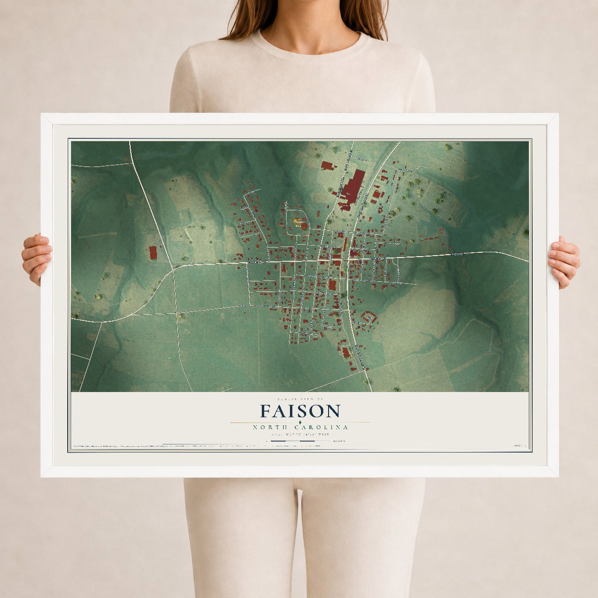 Map of Faison, North Carolina, 24 x 36 inch print in a white wood frame