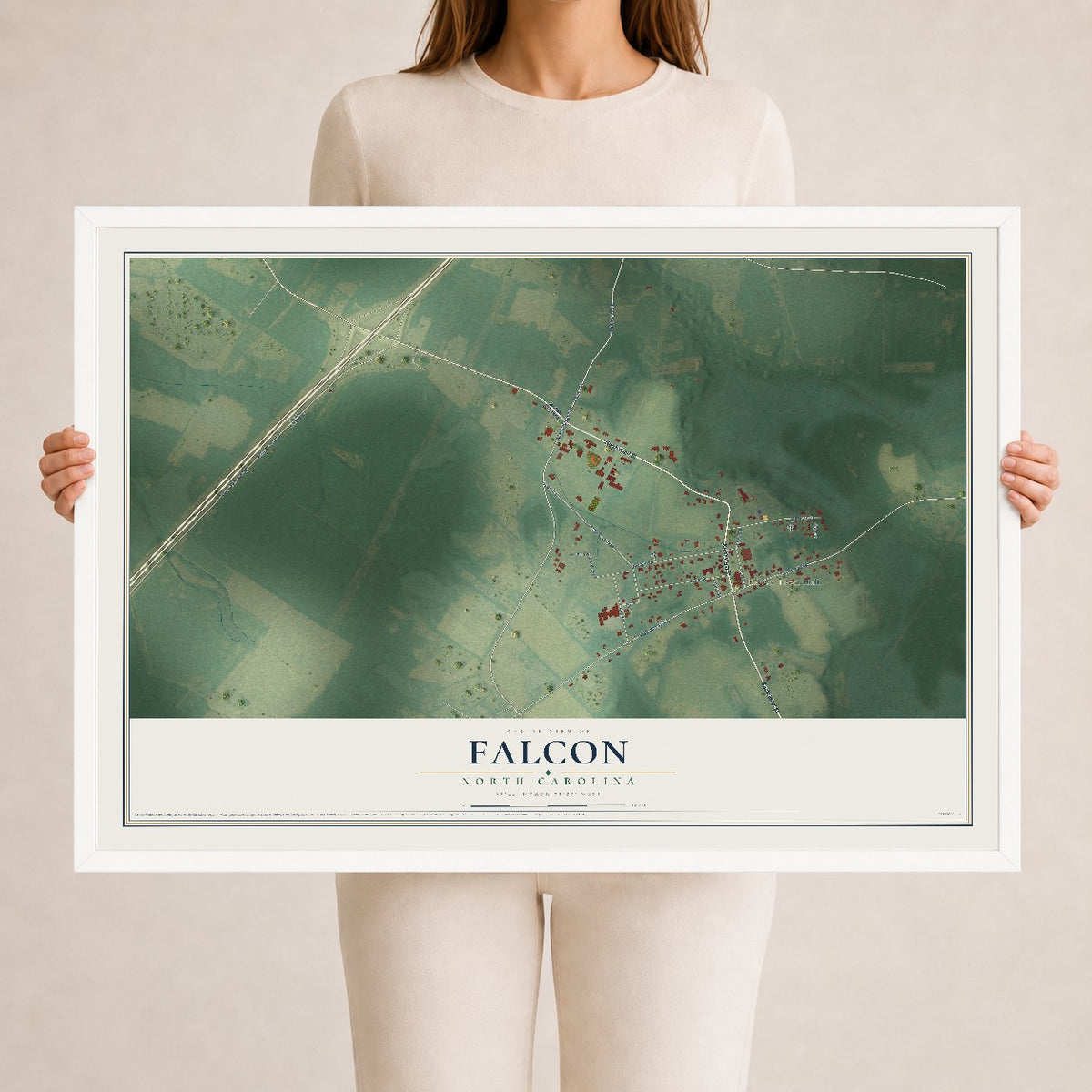 Map of Falcon, North Carolina, 24 x 36 inch print in a white wood frame
