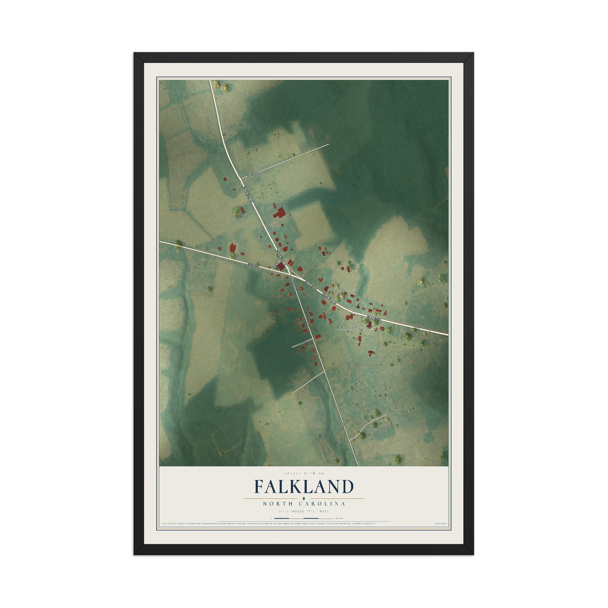 Map of Falkland, North Carolina, 12 x 18 inch print in a black wood frame