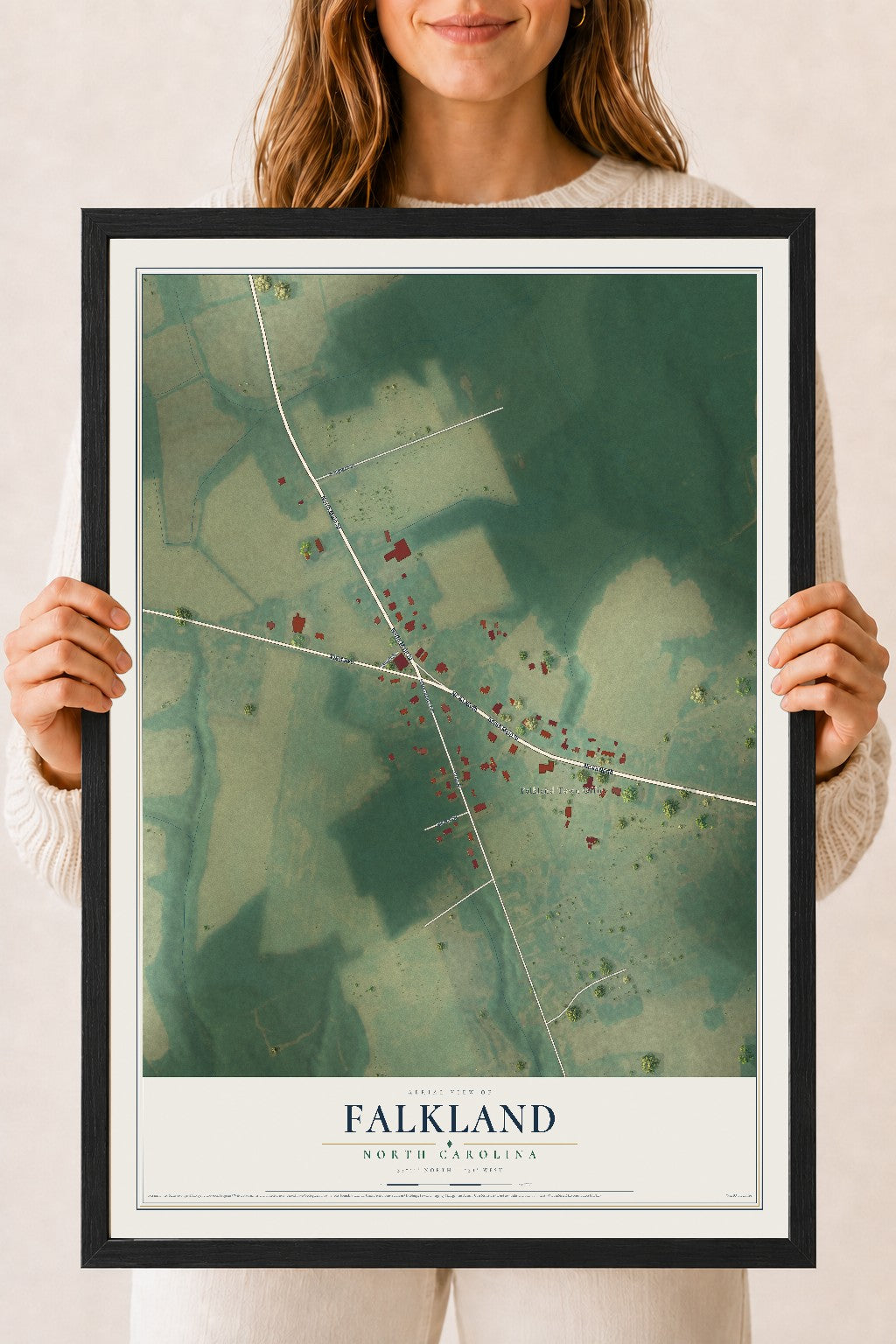 Map of Falkland, North Carolina, 18 x 24 inch print in a black wood frame