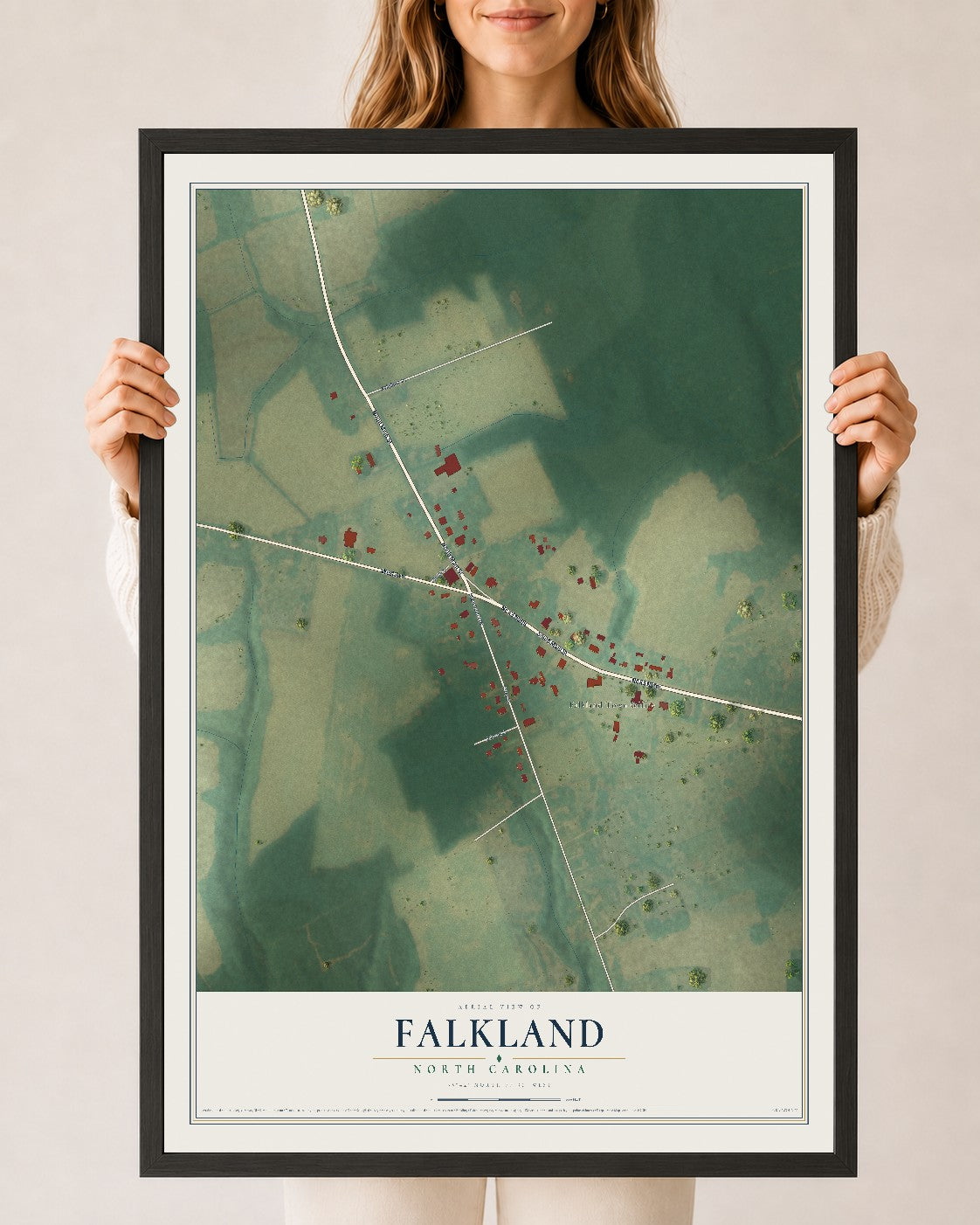Map of Falkland, North Carolina, 24 x 36 inch print in a black wood frame