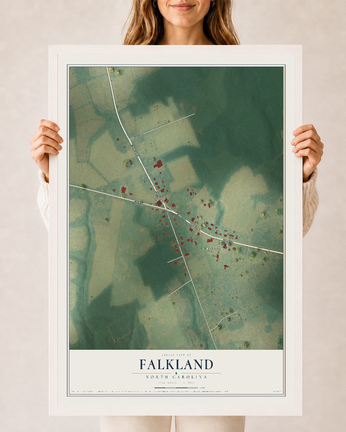 Map of Falkland, North Carolina, 24 x 36 inch print in a white wood frame
