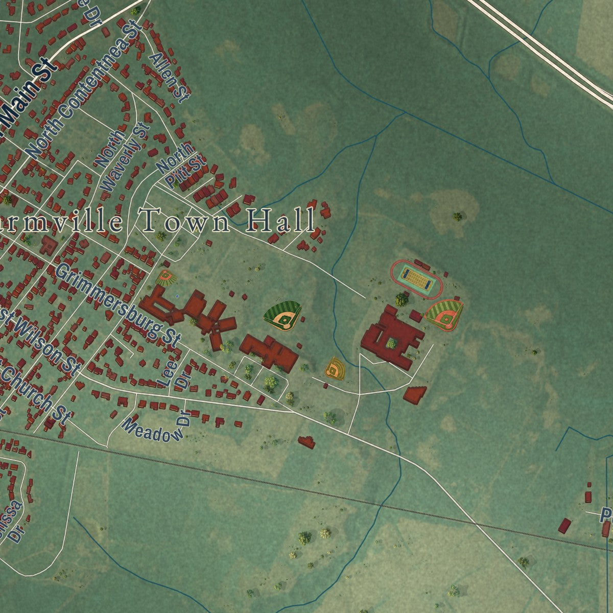 Second close-up of the map of Farmville, North Carolina print showing more streets and buildings