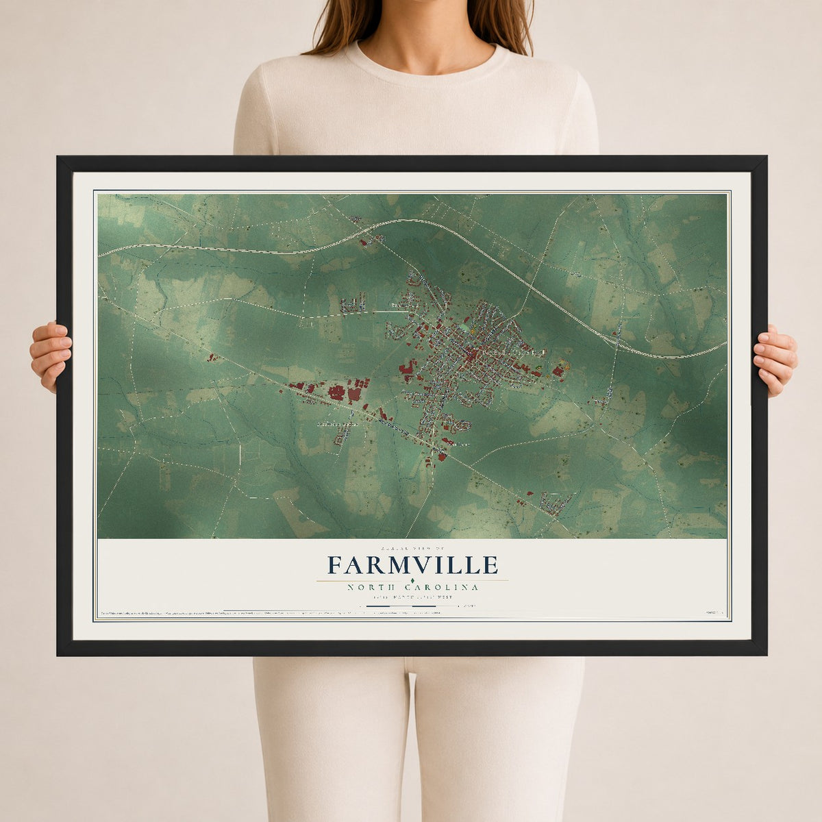 Map of Farmville, North Carolina, 24 x 36 inch print in a black wood frame