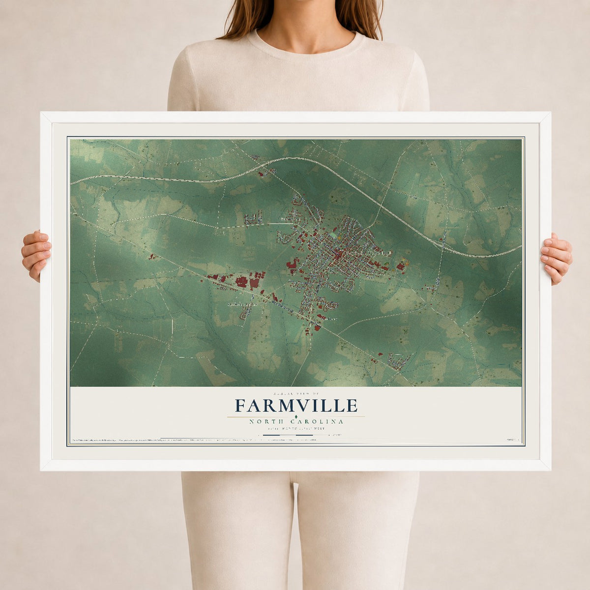 Map of Farmville, North Carolina, 24 x 36 inch print in a white wood frame