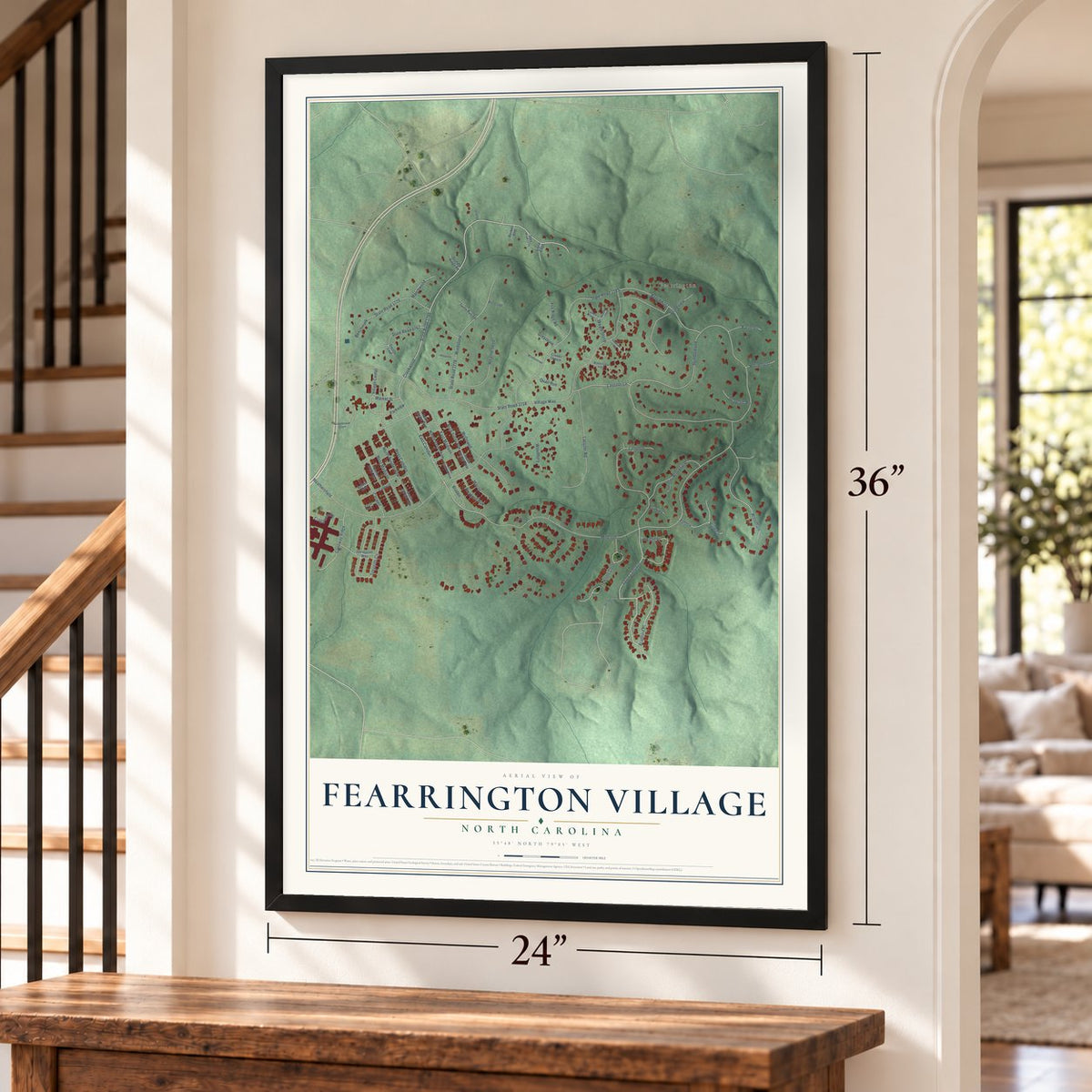 Fearrington Village, North Carolina map, 24 x 36 inch print in a black frame by a staircase