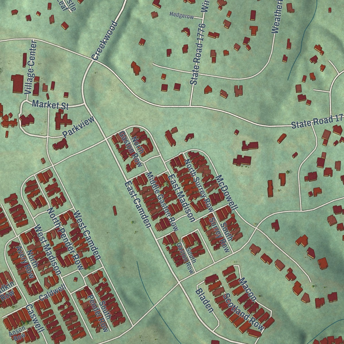 Close-up of the map of Fearrington Village, North Carolina print showing street and building detail