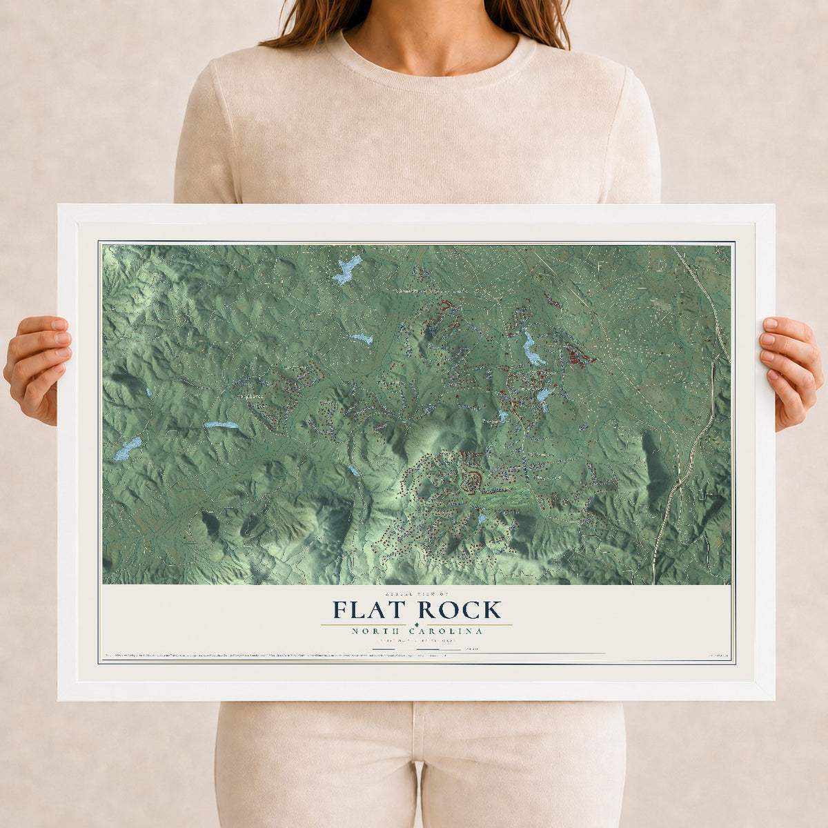 Map of Flat Rock, North Carolina, 12 x 18 inch print in a white wood frame
