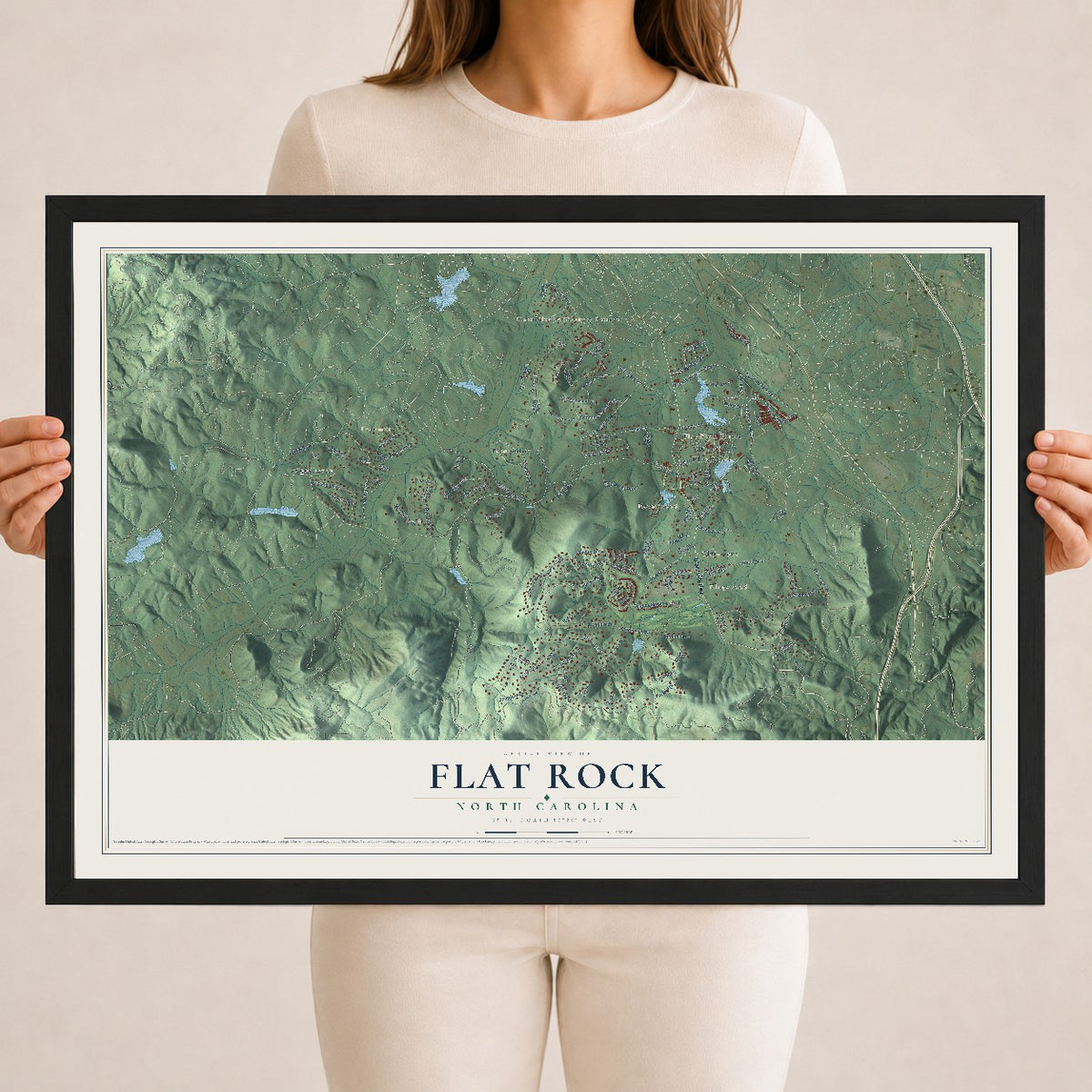 Map of Flat Rock, North Carolina, 18 x 24 inch print in a black wood frame