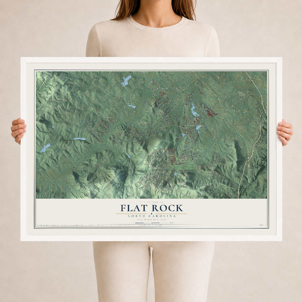 Map of Flat Rock, North Carolina, 24 x 36 inch print in a white wood frame