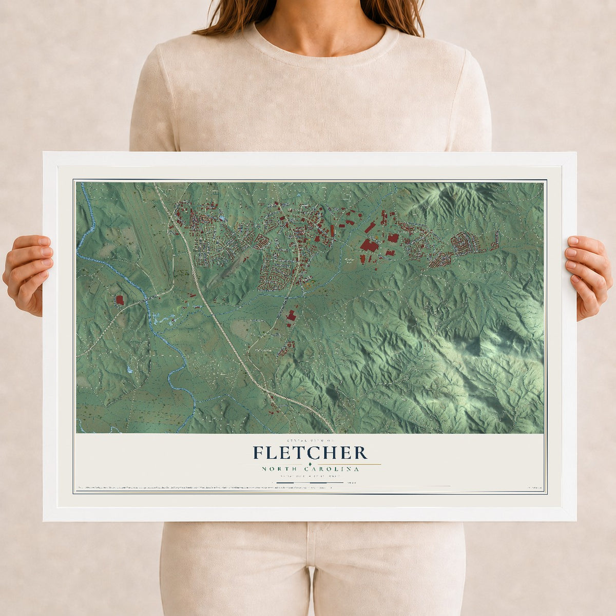 Map of Fletcher, North Carolina, 12 x 18 inch print in a white wood frame