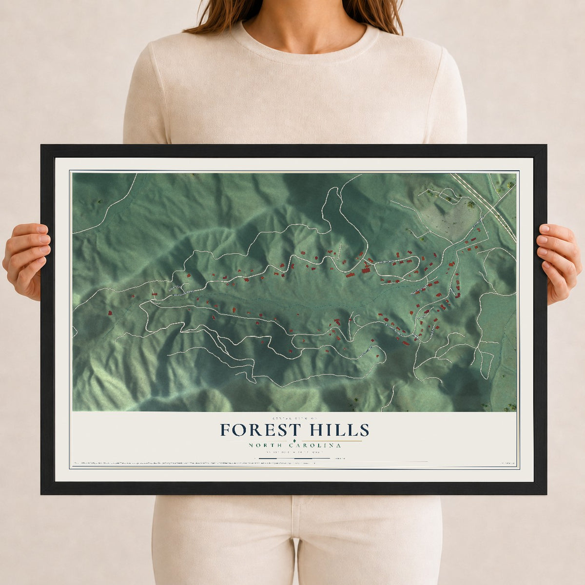 Map of Forest Hills, North Carolina, 12 x 18 inch print in a black wood frame