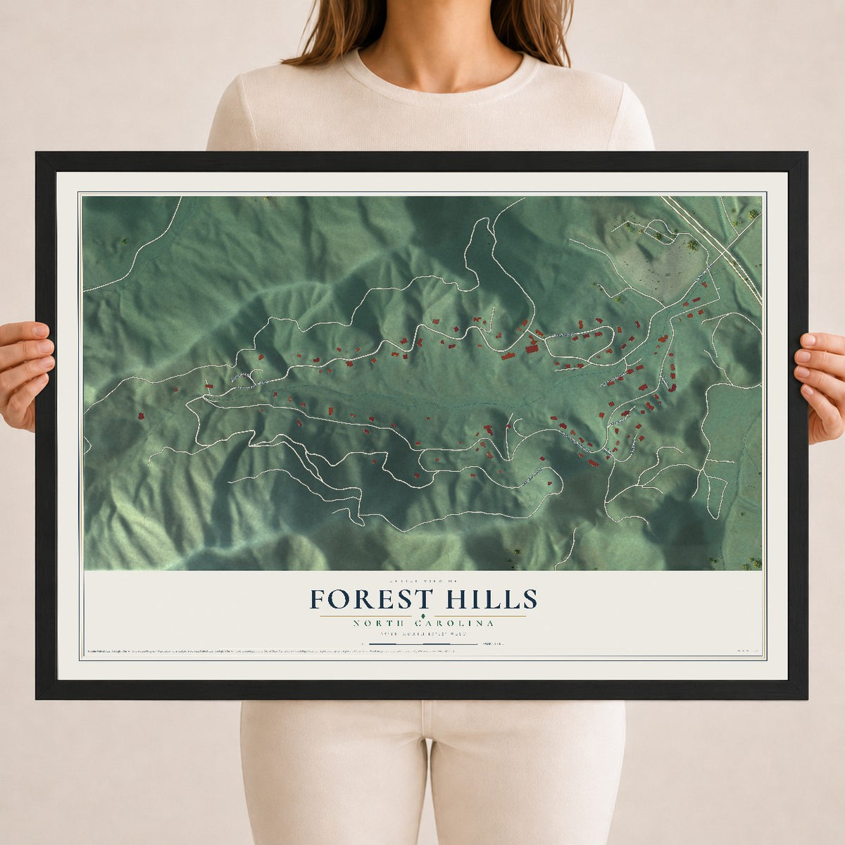 Map of Forest Hills, North Carolina, 18 x 24 inch print in a black wood frame