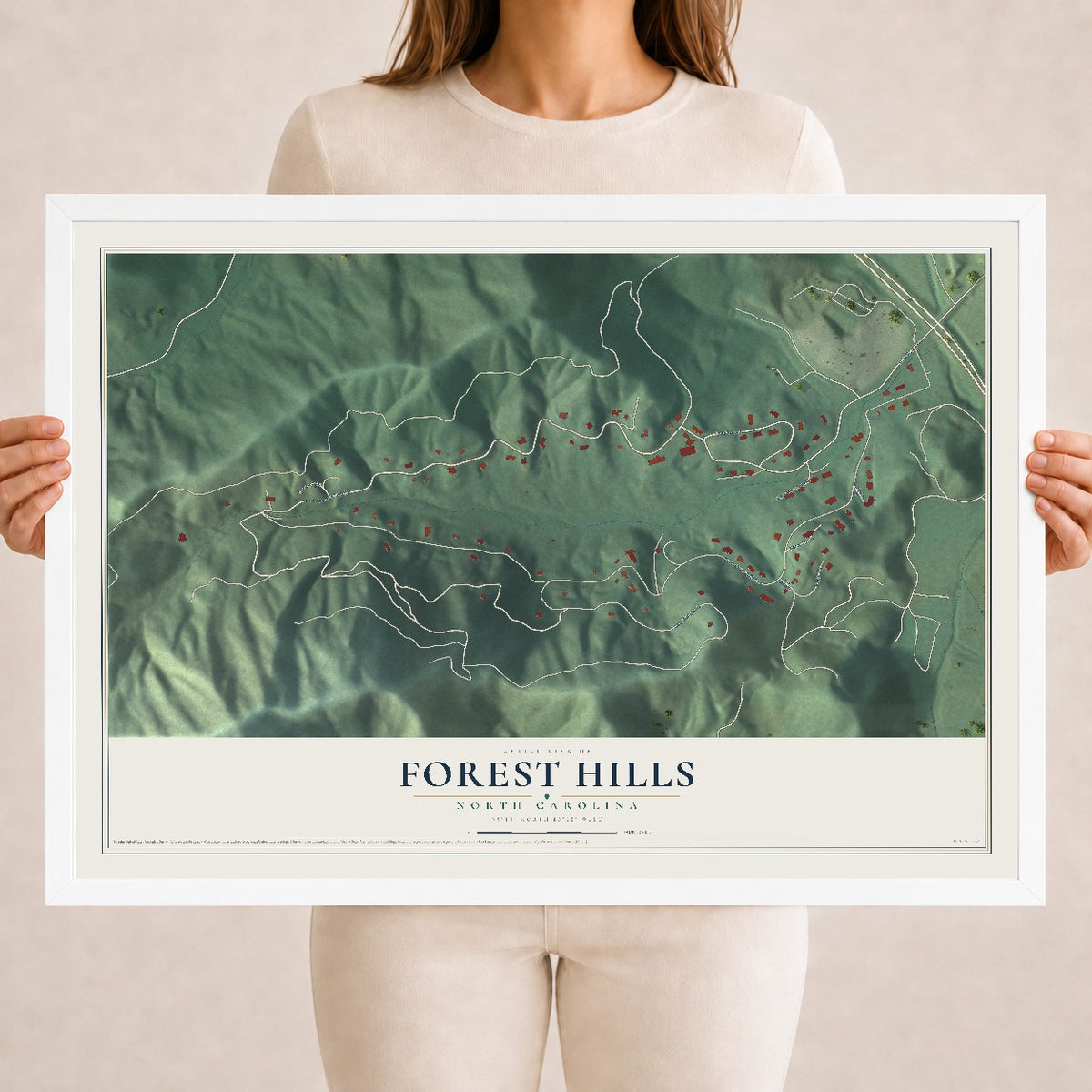 Map of Forest Hills, North Carolina, 18 x 24 inch print in a white wood frame
