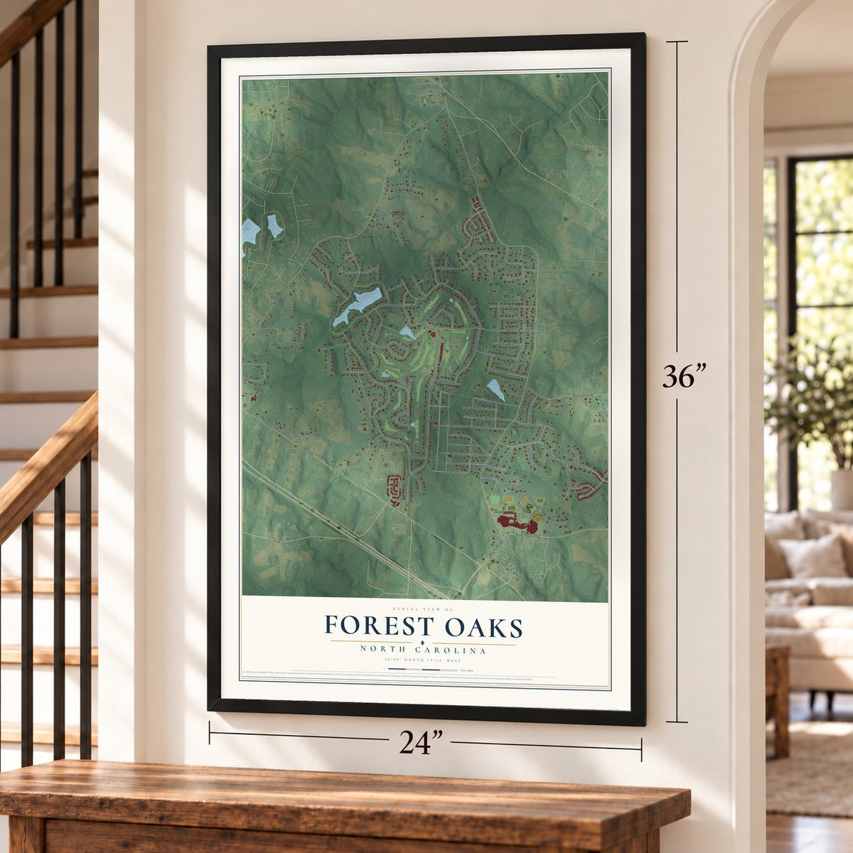 Forest Oaks, North Carolina map, 24 x 36 inch print in a black frame by a staircase