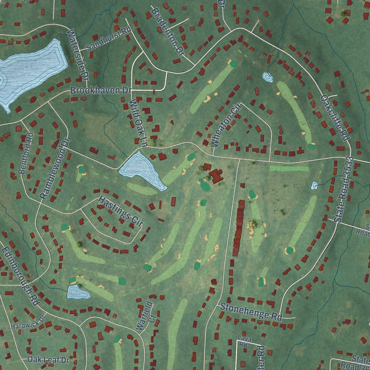 Close-up of the map of Forest Oaks, North Carolina print showing street and building detail