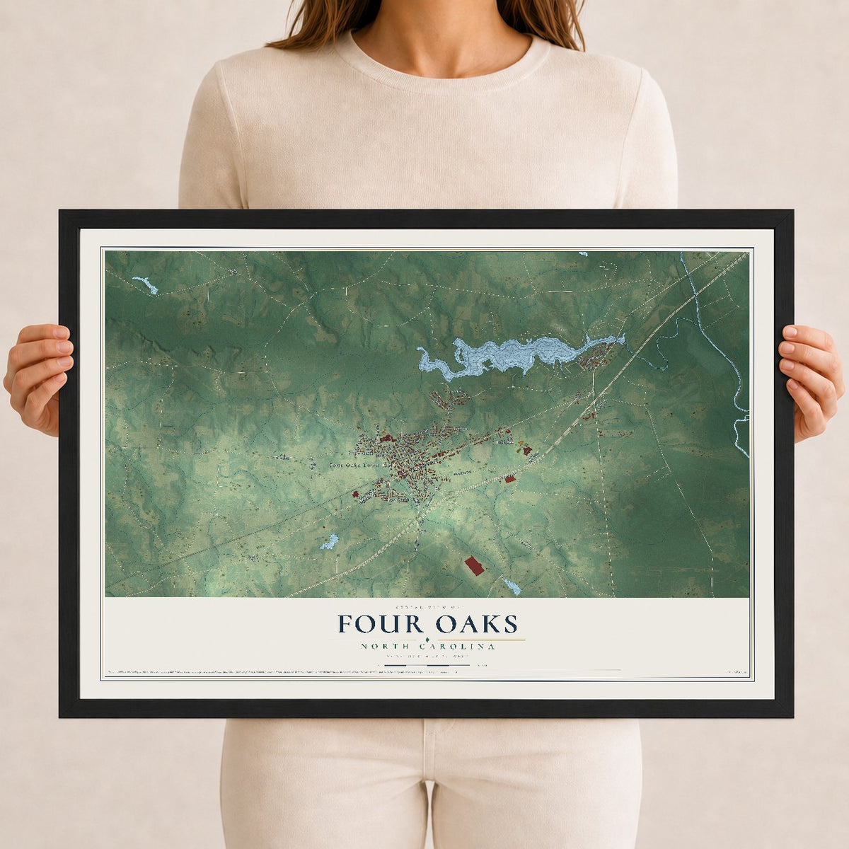 Map of Four Oaks, North Carolina, 12 x 18 inch print in a black wood frame