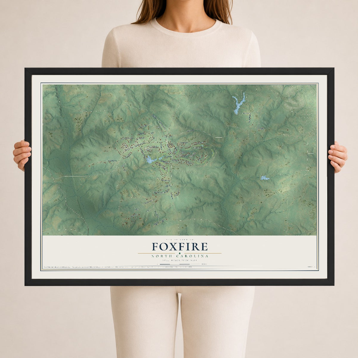 Map of Foxfire, North Carolina, 24 x 36 inch print in a black wood frame