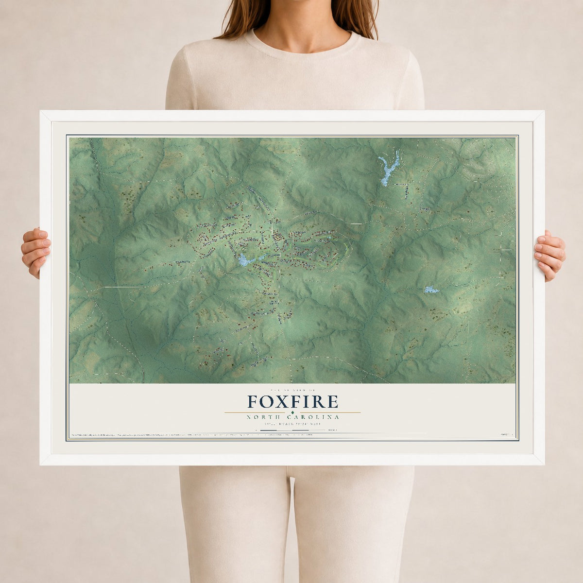 Map of Foxfire, North Carolina, 24 x 36 inch print in a white wood frame