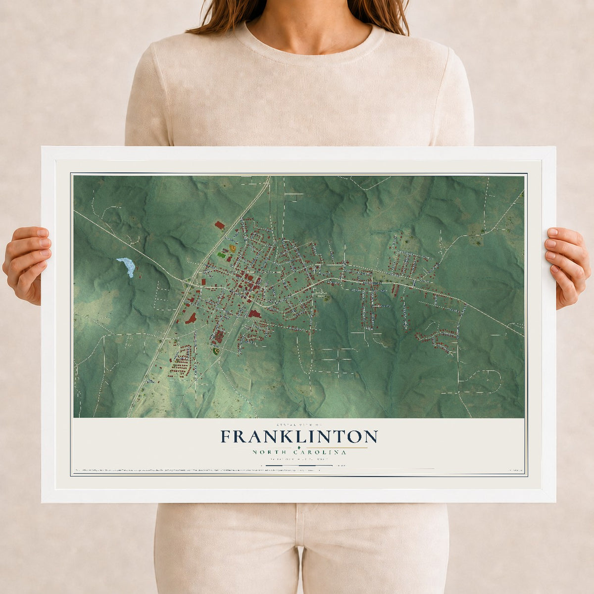 Map of Franklinton, North Carolina, 12 x 18 inch print in a white wood frame