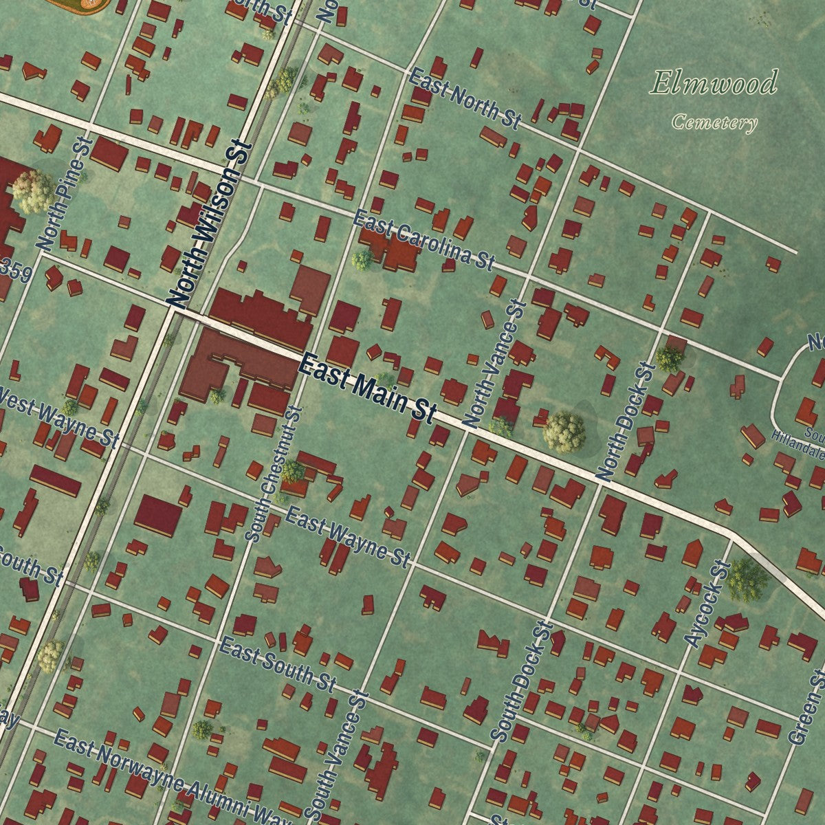 Close-up of the map of Fremont, North Carolina print showing street and building detail