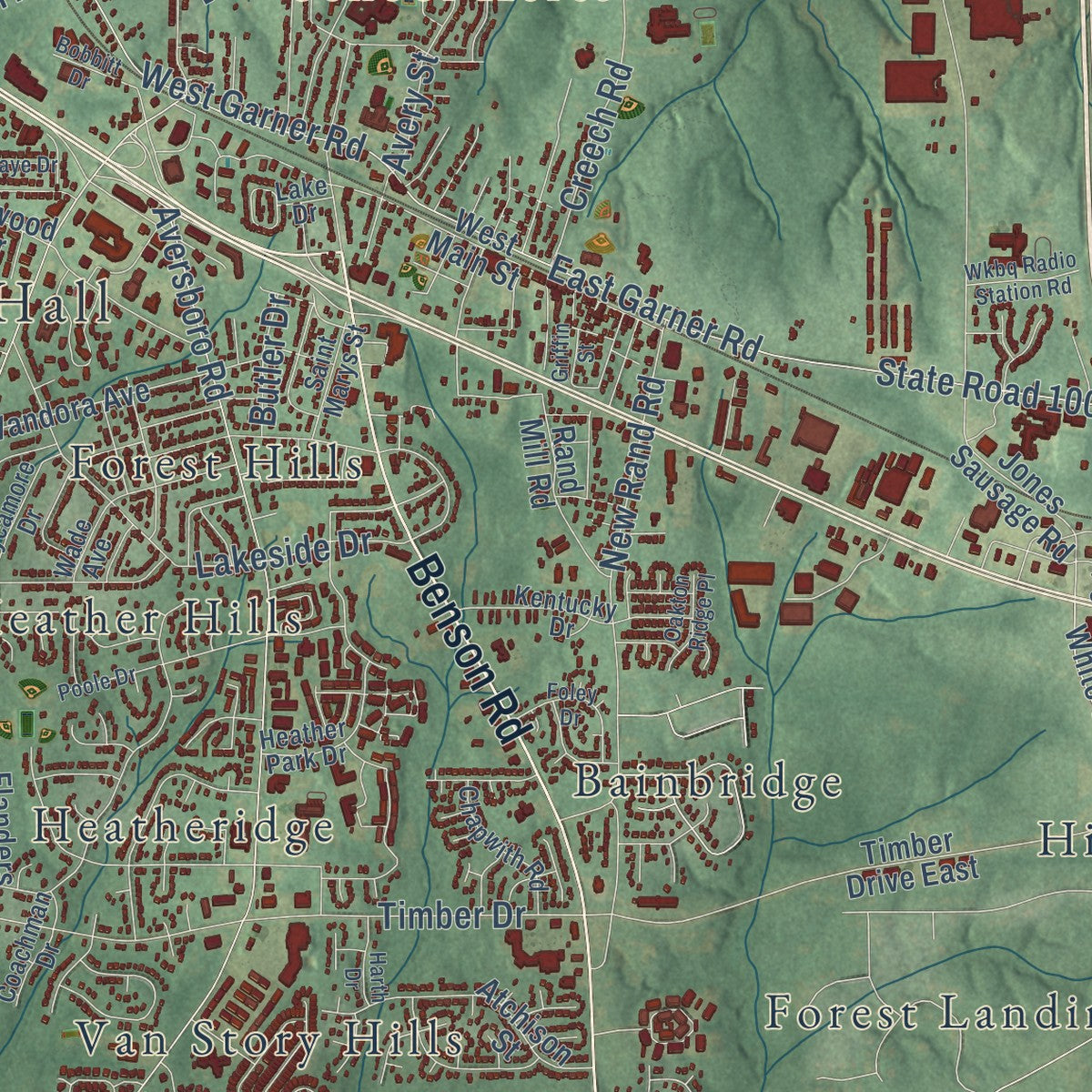 Close-up of the map of Garner, North Carolina print showing street and building detail