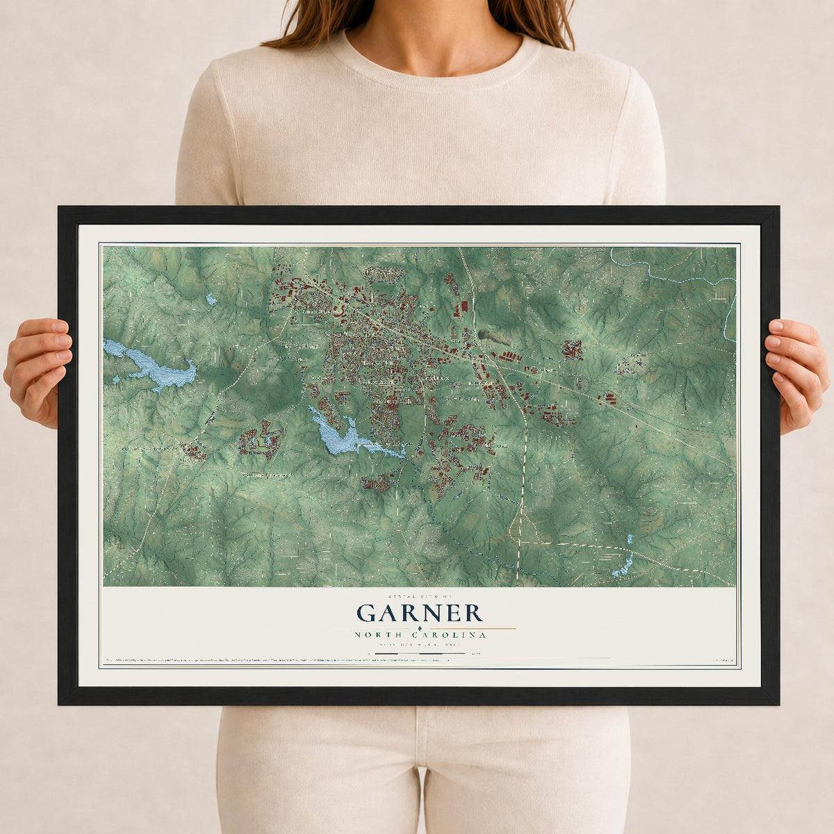 Map of Garner, North Carolina, 12 x 18 inch print in a black wood frame