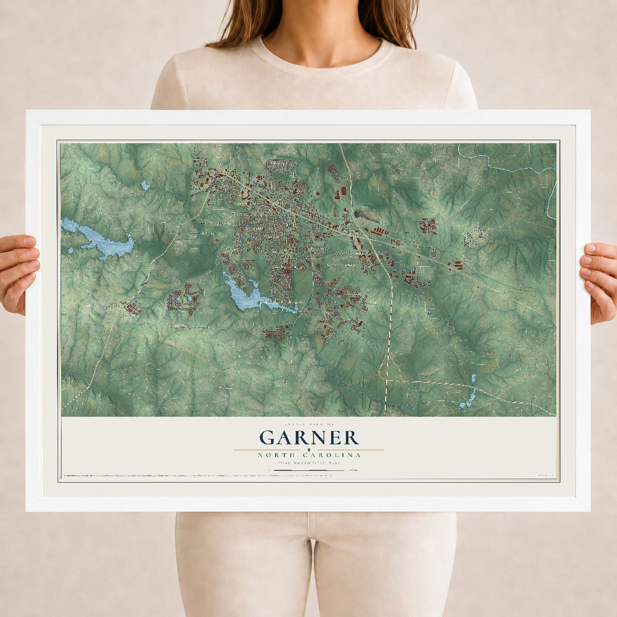 Map of Garner, North Carolina, 18 x 24 inch print in a white wood frame