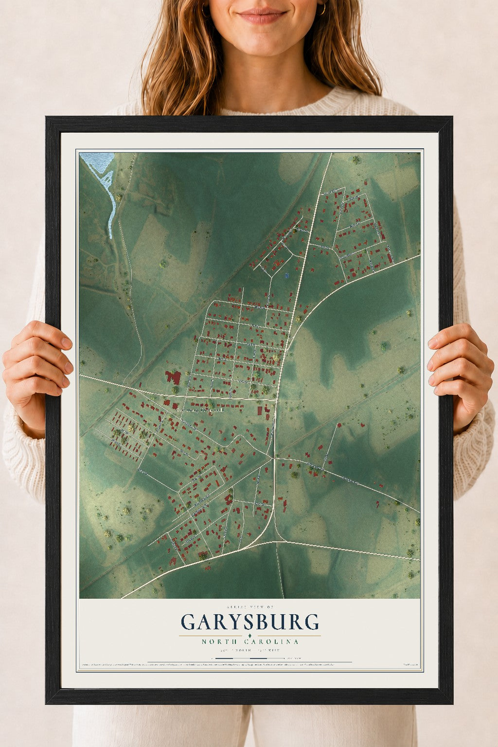 Map of Garysburg, North Carolina, 18 x 24 inch print in a black wood frame