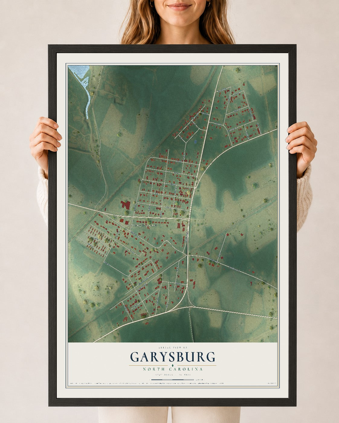 Map of Garysburg, North Carolina, 24 x 36 inch print in a black wood frame