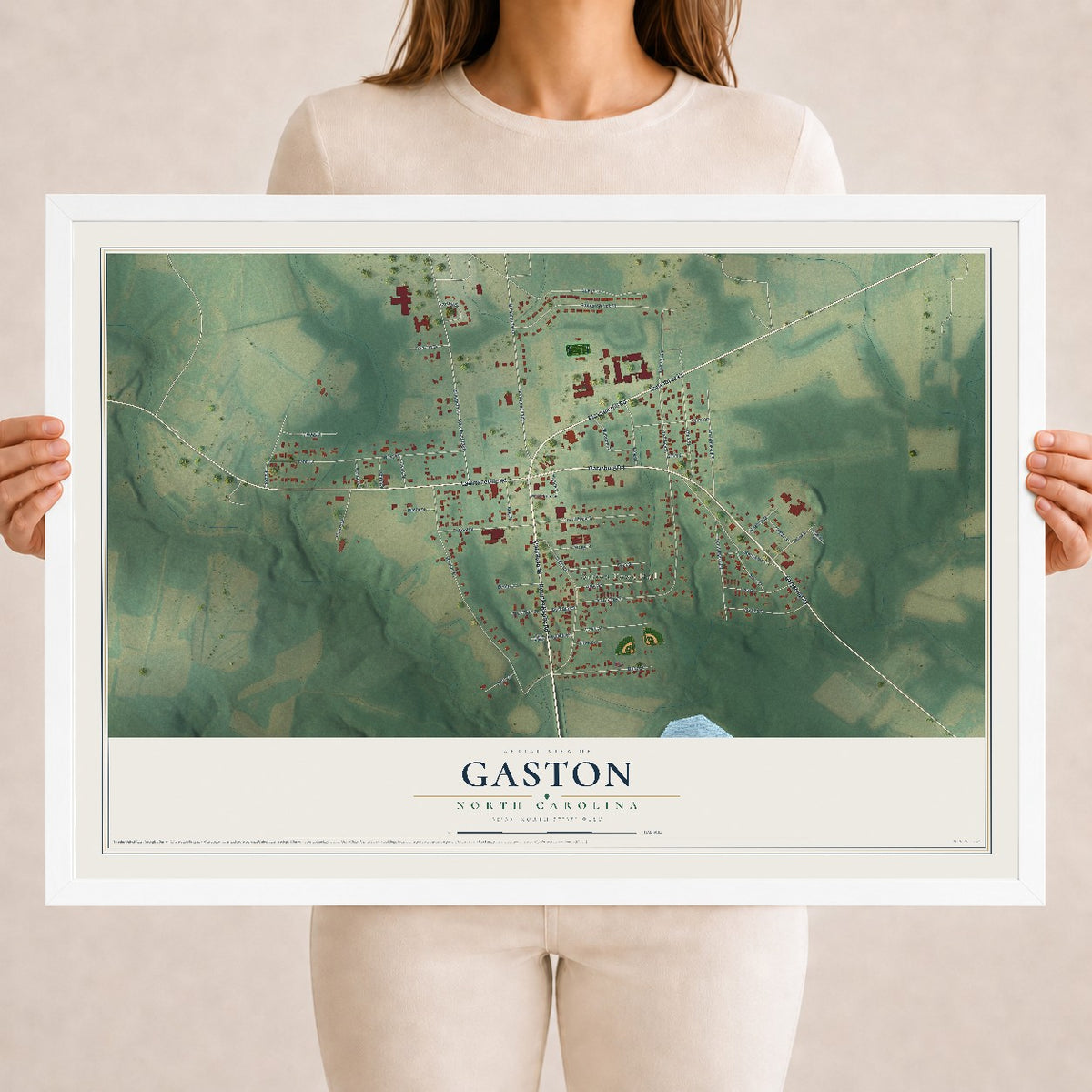 Map of Gaston, North Carolina, 18 x 24 inch print in a white wood frame