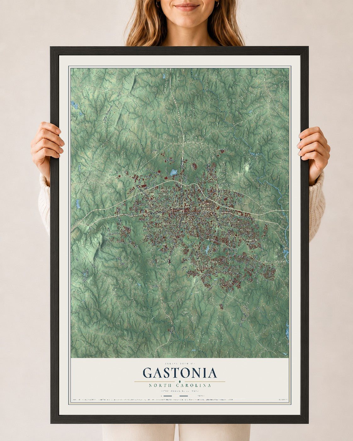 Map of Gastonia, North Carolina, 24 x 36 inch print in a black wood frame