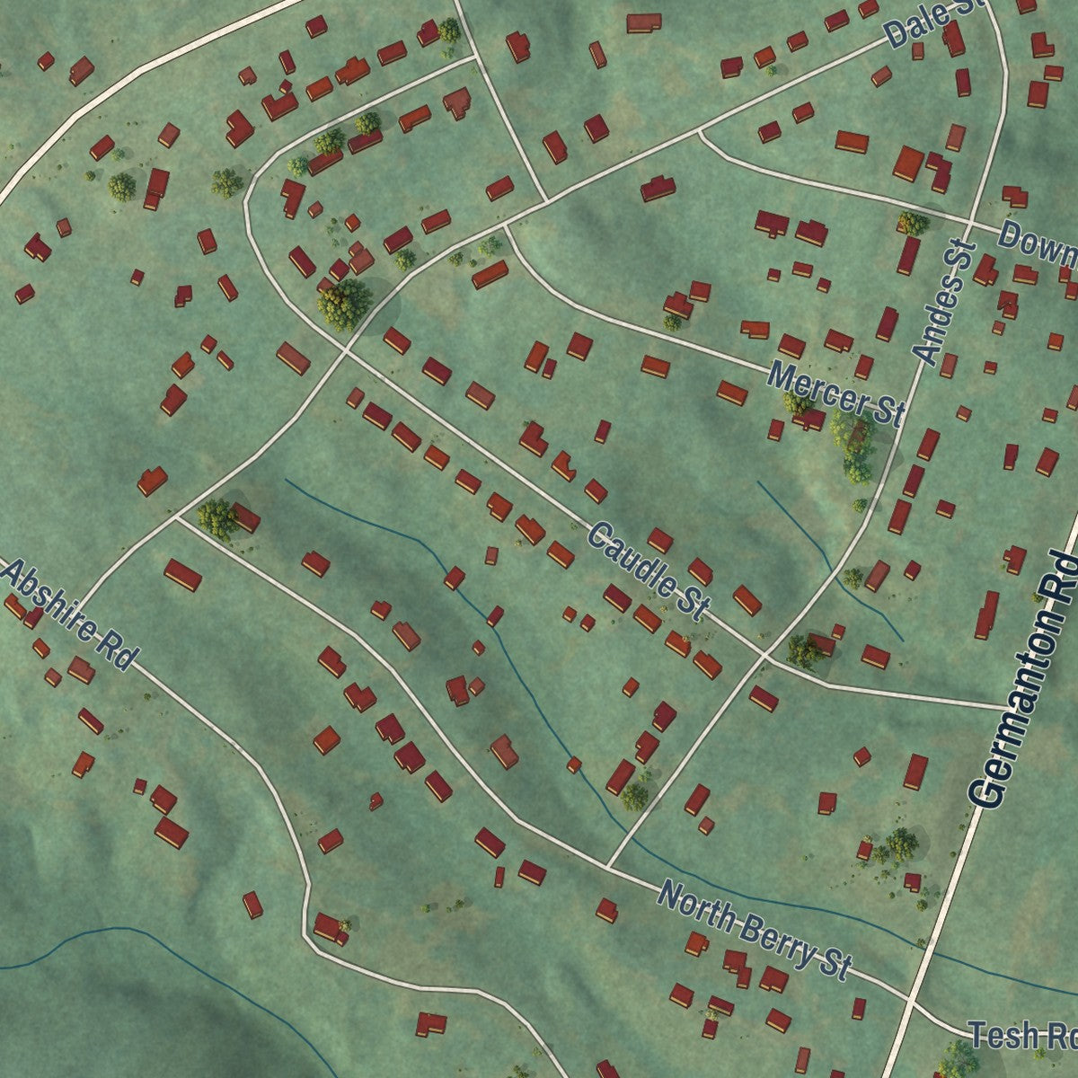 Close-up of the map of Germanton, North Carolina print showing street and building detail